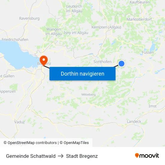 Gemeinde Schattwald to Stadt Bregenz map