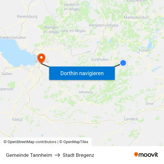 Gemeinde Tannheim to Stadt Bregenz map