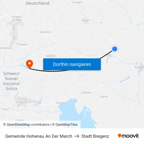 Gemeinde Hohenau An Der March to Stadt Bregenz map