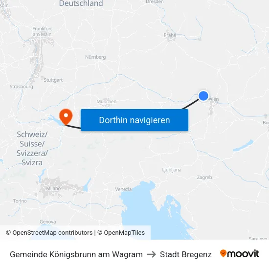 Gemeinde Königsbrunn am Wagram to Stadt Bregenz map