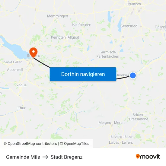 Gemeinde Mils to Stadt Bregenz map