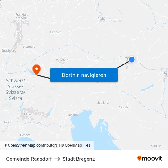 Gemeinde Raasdorf to Stadt Bregenz map