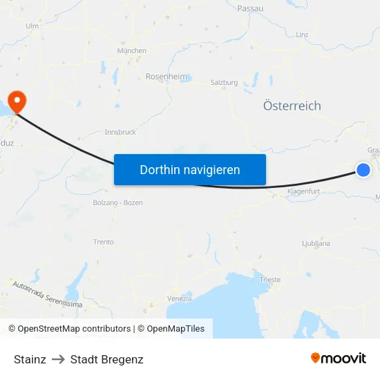 Stainz to Stadt Bregenz map