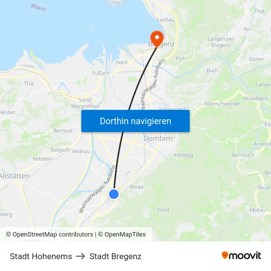 Stadt Hohenems to Stadt Bregenz map