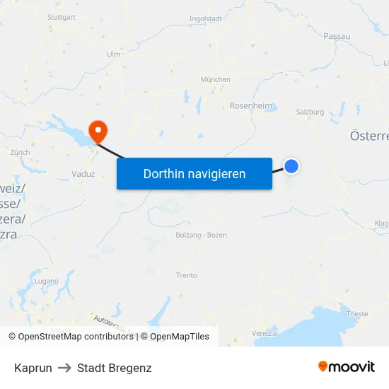 Kaprun to Stadt Bregenz map