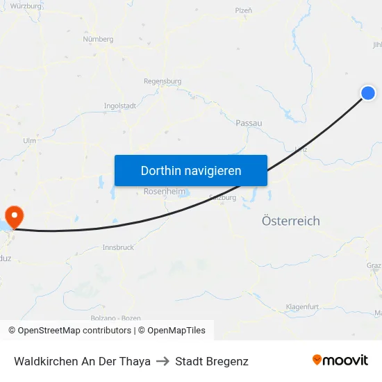 Waldkirchen An Der Thaya to Stadt Bregenz map