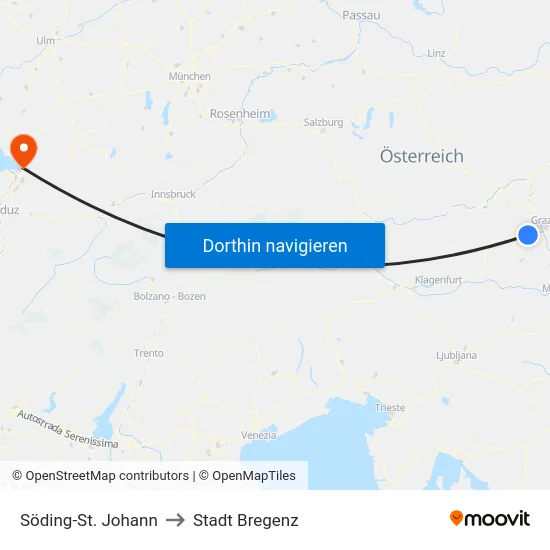 Söding-St. Johann to Stadt Bregenz map