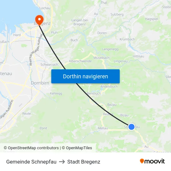 Gemeinde Schnepfau to Stadt Bregenz map