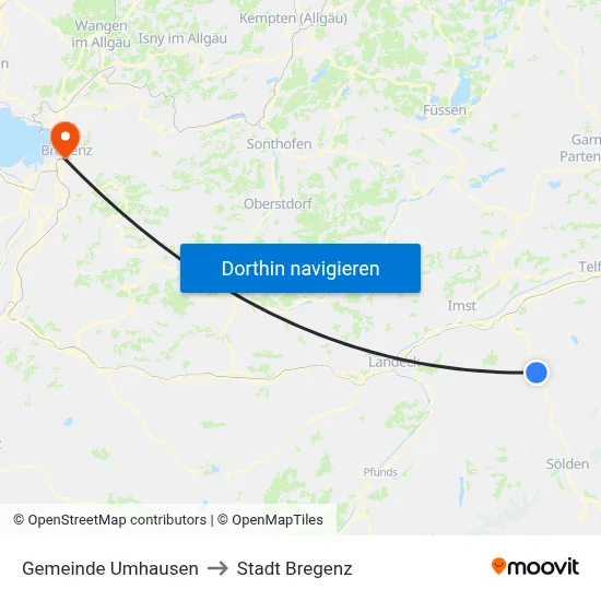 Gemeinde Umhausen to Stadt Bregenz map