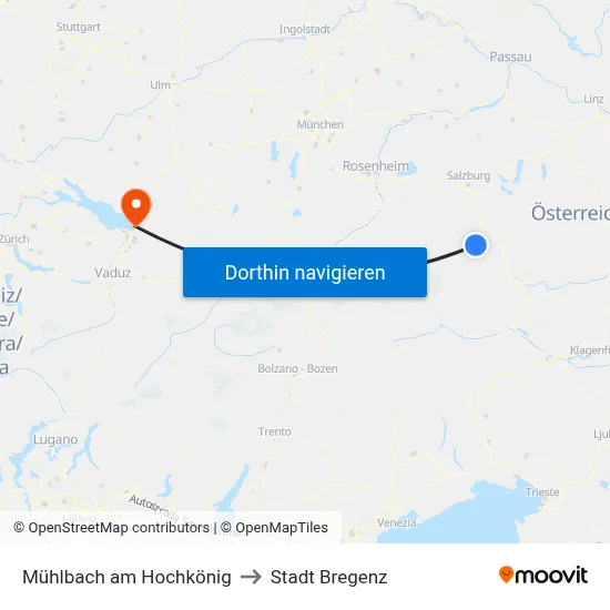 Mühlbach am Hochkönig to Stadt Bregenz map