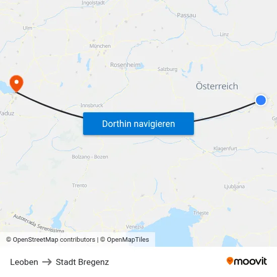 Leoben to Stadt Bregenz map