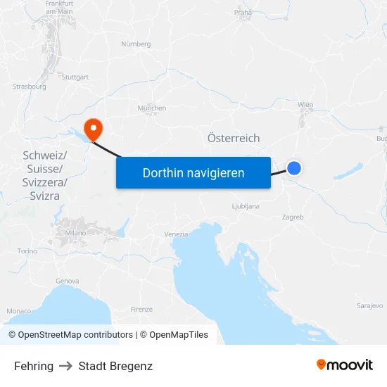 Fehring to Stadt Bregenz map