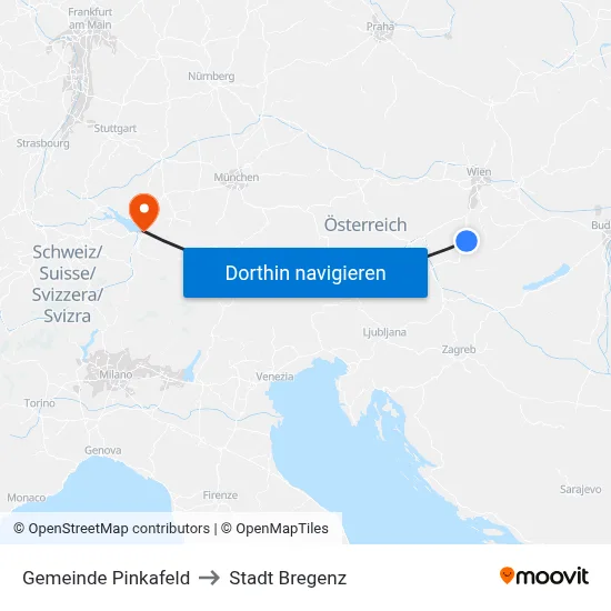 Gemeinde Pinkafeld to Stadt Bregenz map