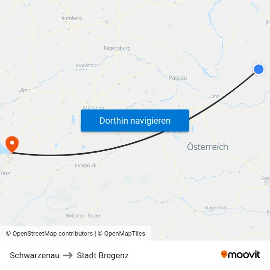 Schwarzenau to Stadt Bregenz map