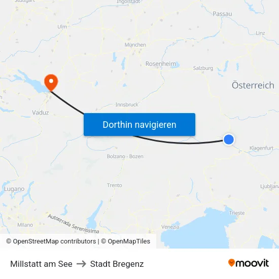 Millstatt am See to Stadt Bregenz map