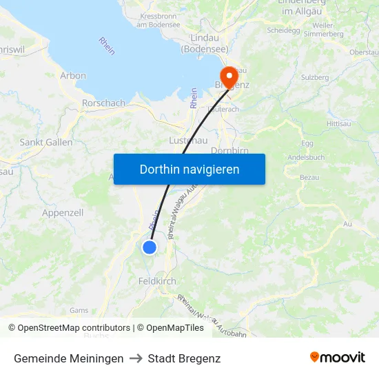 Gemeinde Meiningen to Stadt Bregenz map