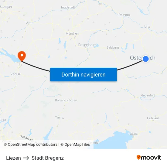 Liezen to Stadt Bregenz map