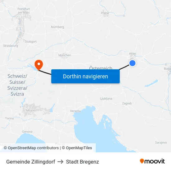 Gemeinde Zillingdorf to Stadt Bregenz map