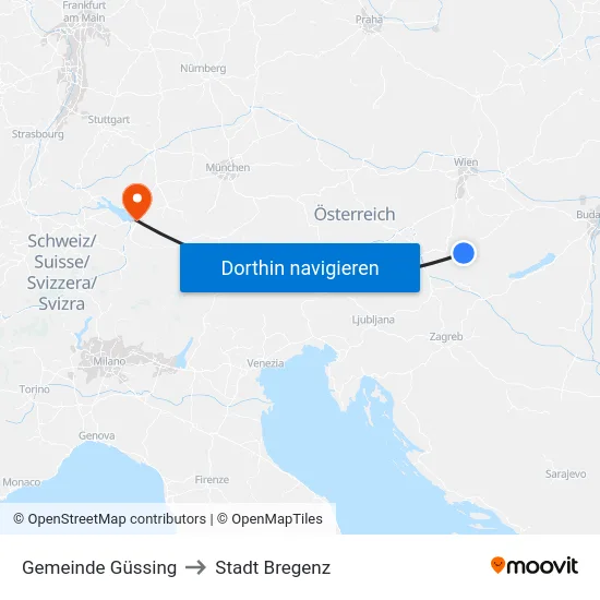 Gemeinde Güssing to Stadt Bregenz map