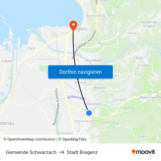 Gemeinde Schwarzach to Stadt Bregenz map