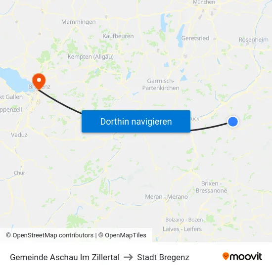 Gemeinde Aschau Im Zillertal to Stadt Bregenz map
