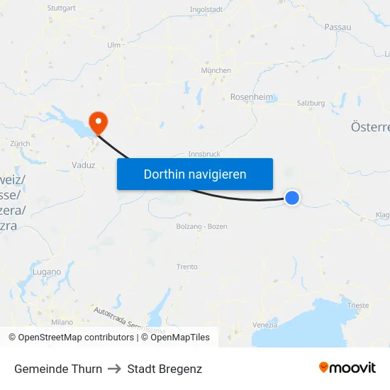 Gemeinde Thurn to Stadt Bregenz map