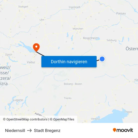 Niedernsill to Stadt Bregenz map