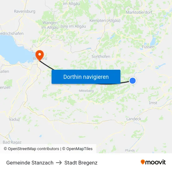 Gemeinde Stanzach to Stadt Bregenz map
