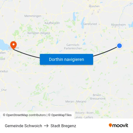 Gemeinde Schwoich to Stadt Bregenz map
