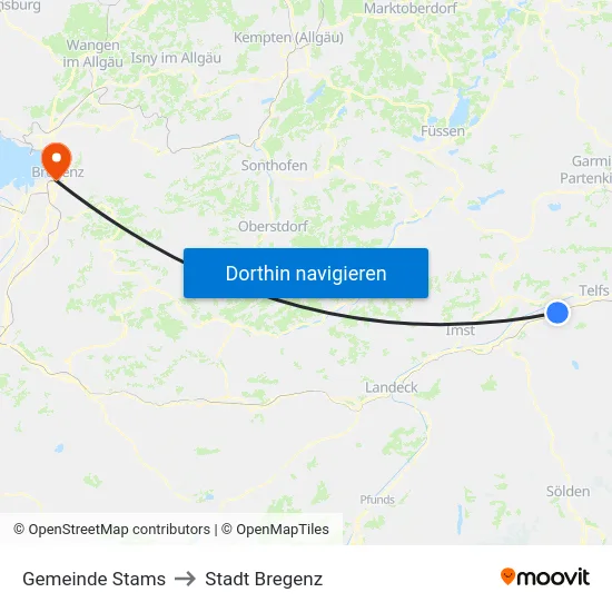 Gemeinde Stams to Stadt Bregenz map