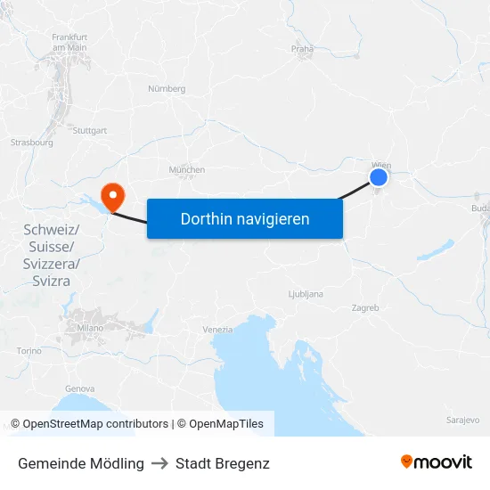 Gemeinde Mödling to Stadt Bregenz map