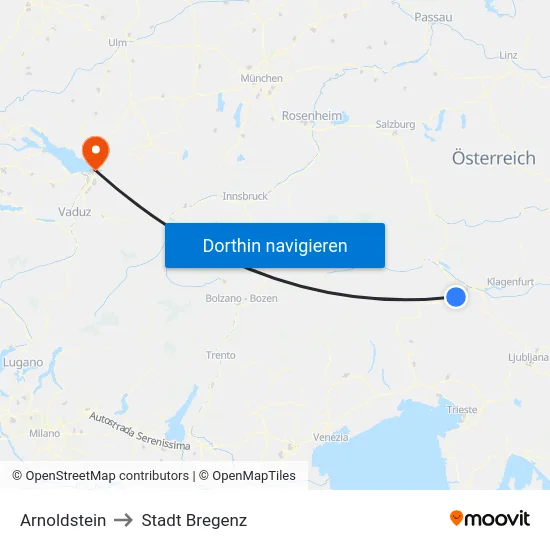 Arnoldstein to Stadt Bregenz map