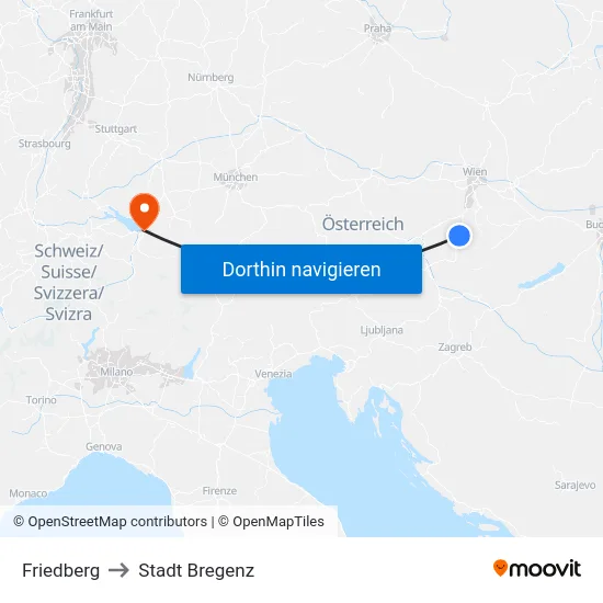 Friedberg to Stadt Bregenz map