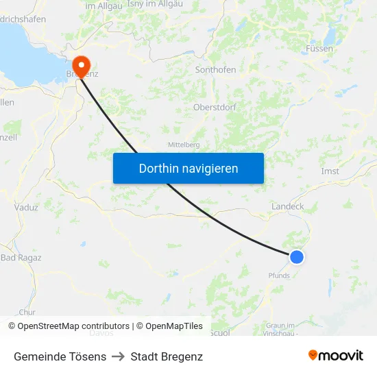 Gemeinde Tösens to Stadt Bregenz map