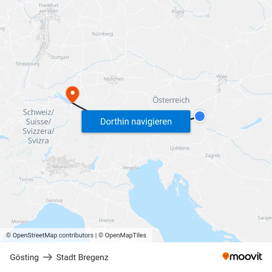 Gösting to Stadt Bregenz map