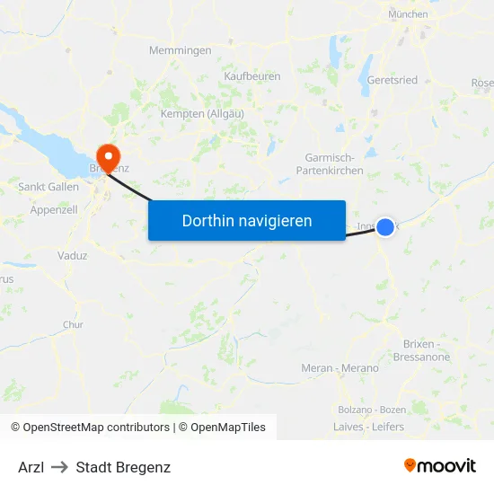 Arzl to Stadt Bregenz map