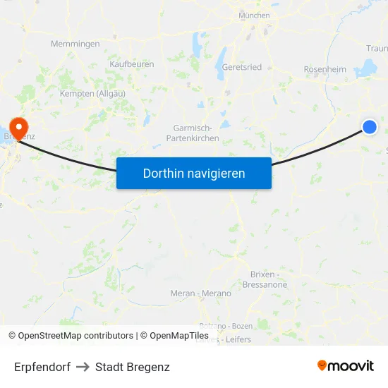Erpfendorf to Stadt Bregenz map