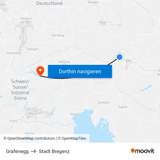 Grafenegg to Stadt Bregenz map