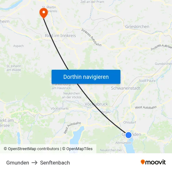 Gmunden to Senftenbach map