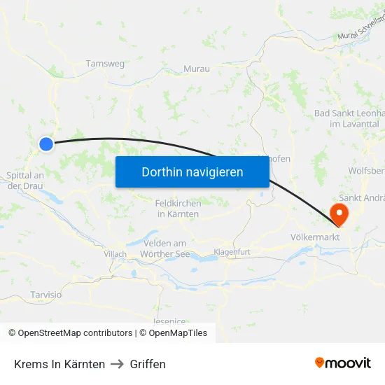 Krems In Kärnten to Griffen map