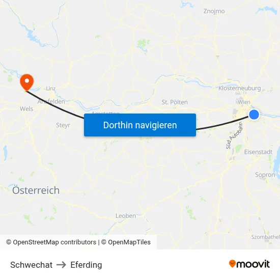 Schwechat to Eferding map
