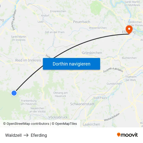 Waldzell to Eferding map