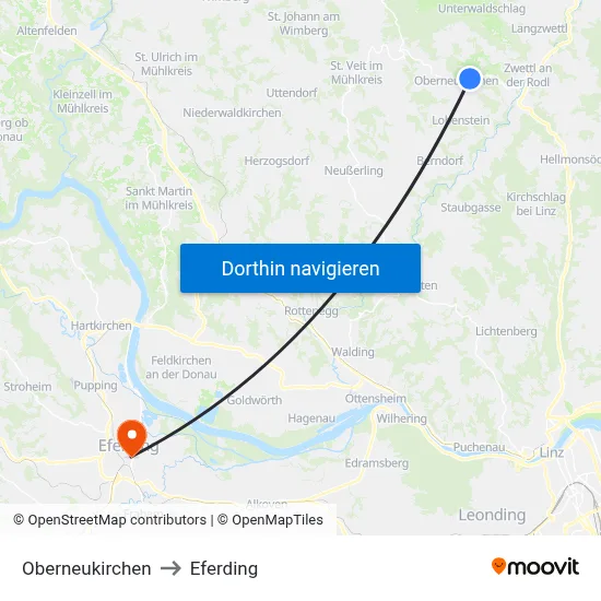 Oberneukirchen to Eferding map