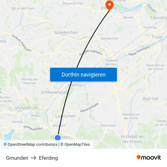 Gmunden to Eferding map