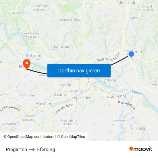 Pregarten to Eferding map