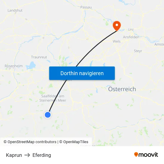 Kaprun to Eferding map