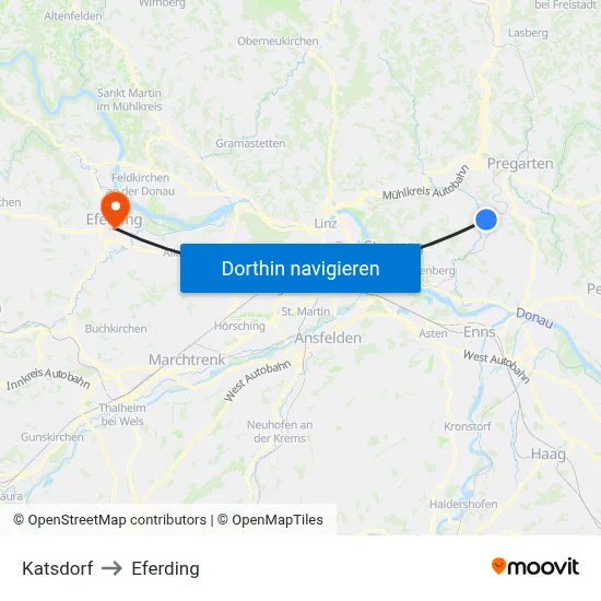 Katsdorf to Eferding map