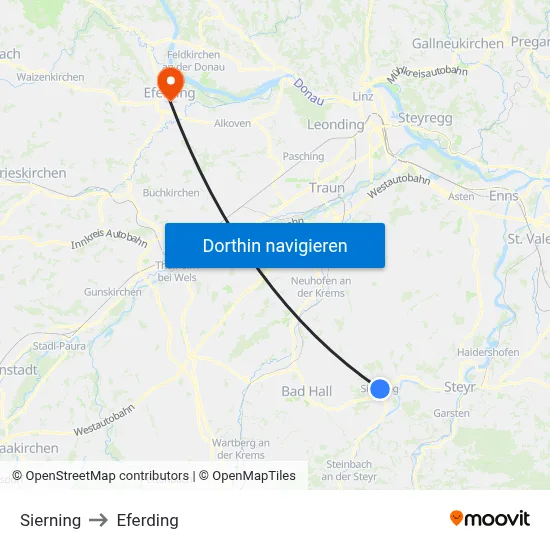 Sierning to Eferding map
