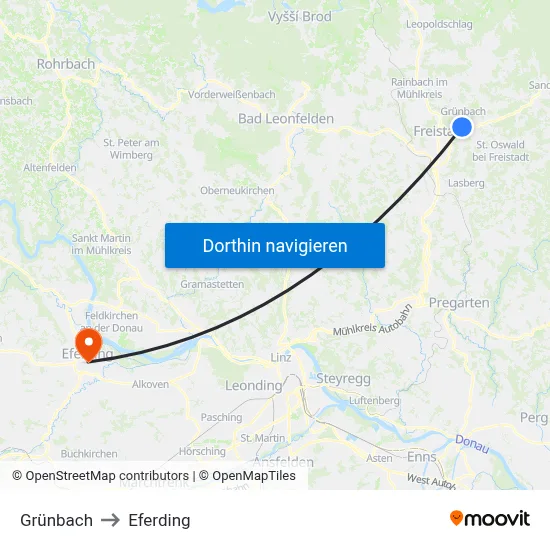 Grünbach to Eferding map