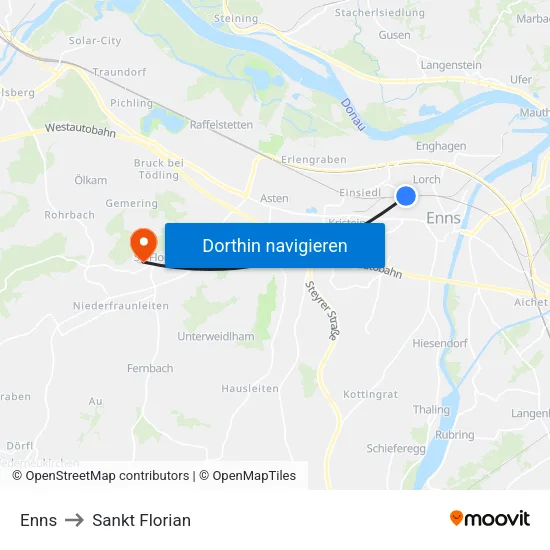 Enns to Sankt Florian map